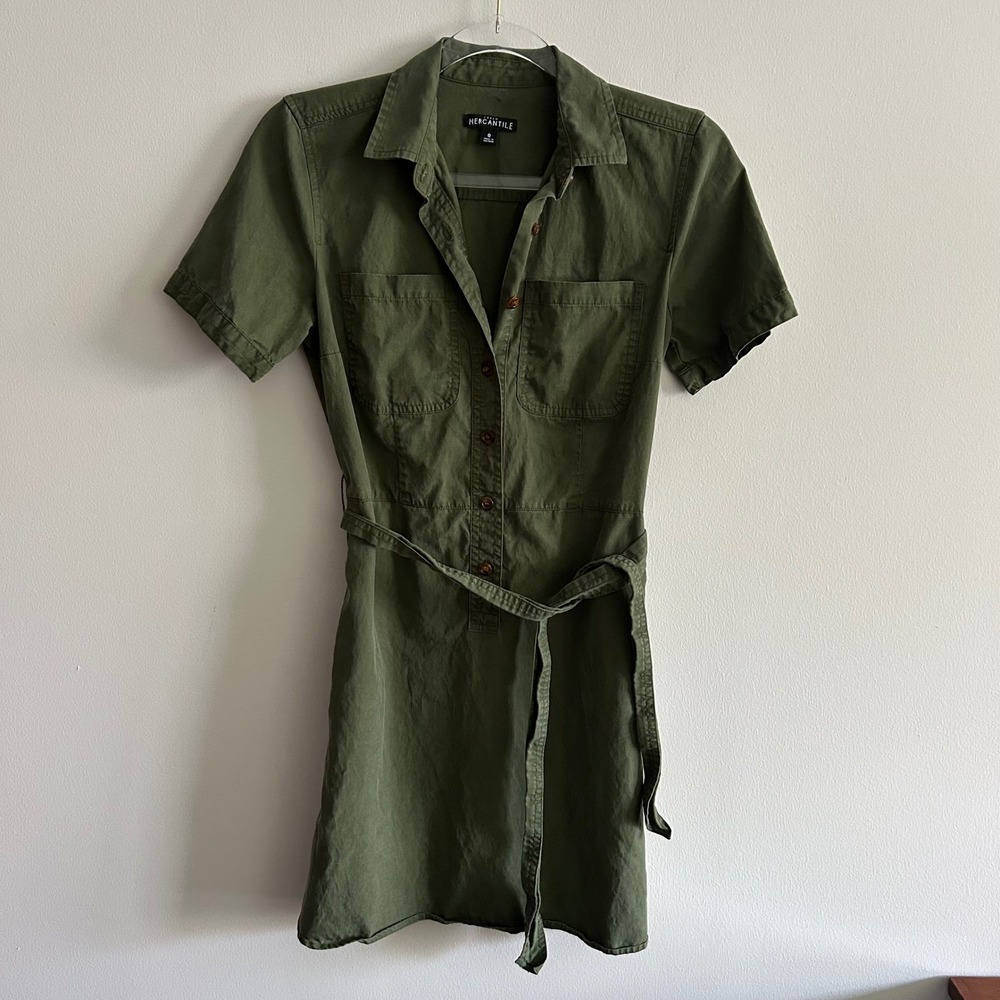 J.Crew Mercantile Utility Shirt Dress Olive Green 0 Short Sleeve Belted Mini